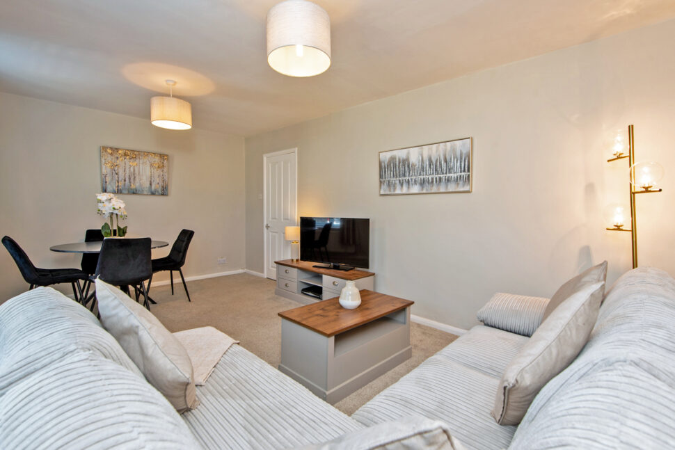 corporate 2 bed rental durham open plan living room. kitchen diner