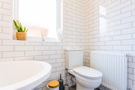 White and grey traditional shower bathroom