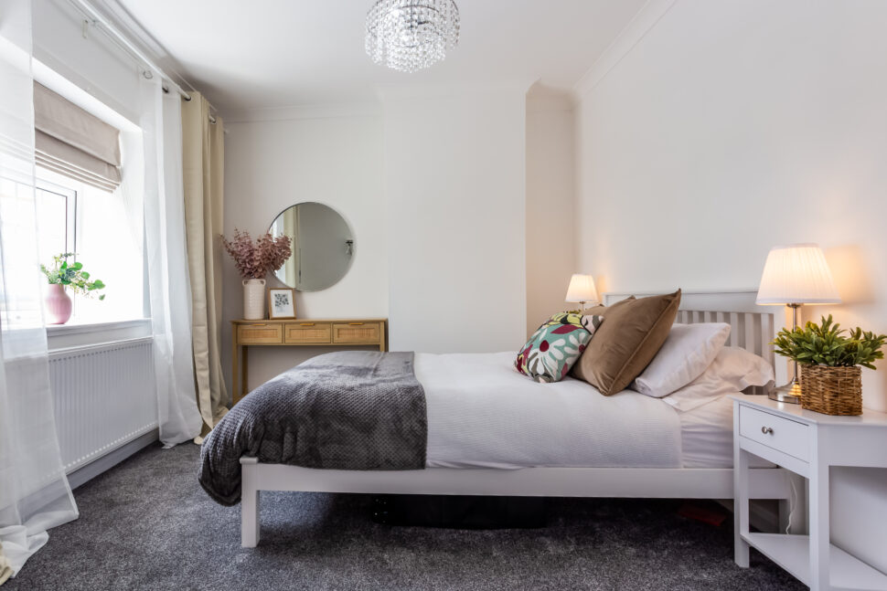 White and grey double bedroom