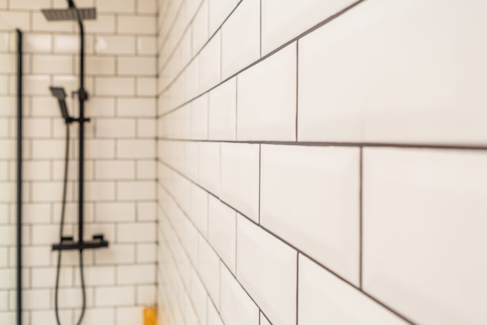 White shower bathroom with black accessories