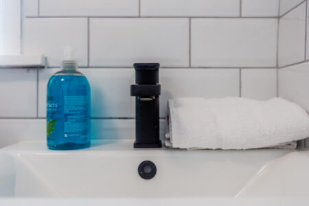 White bathroom with black accessories